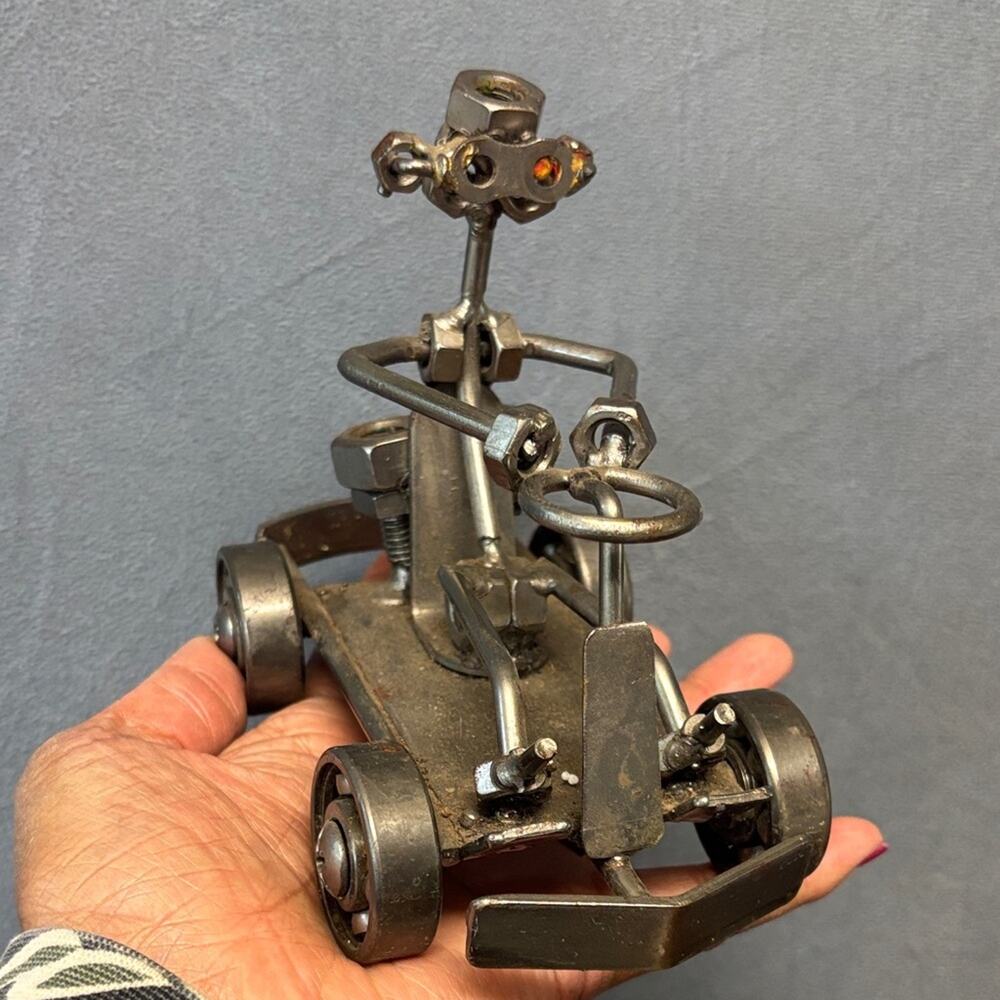 Vintage Handmade Welded Futuristic Metal Robot Car Toy Art Sculpture
